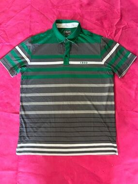 Izod Green and Gray Striped Performance Polo